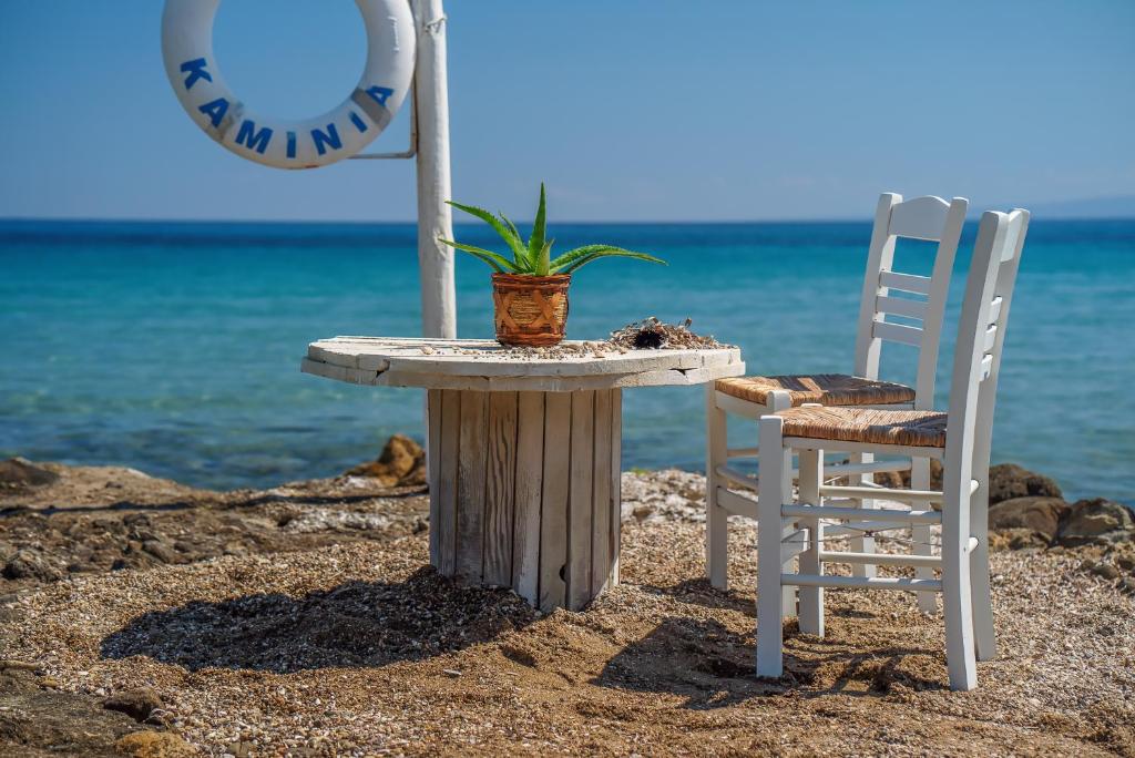 瓦西里科斯菲奥雷海滩一室公寓的海滩上的一张桌子和两把椅子