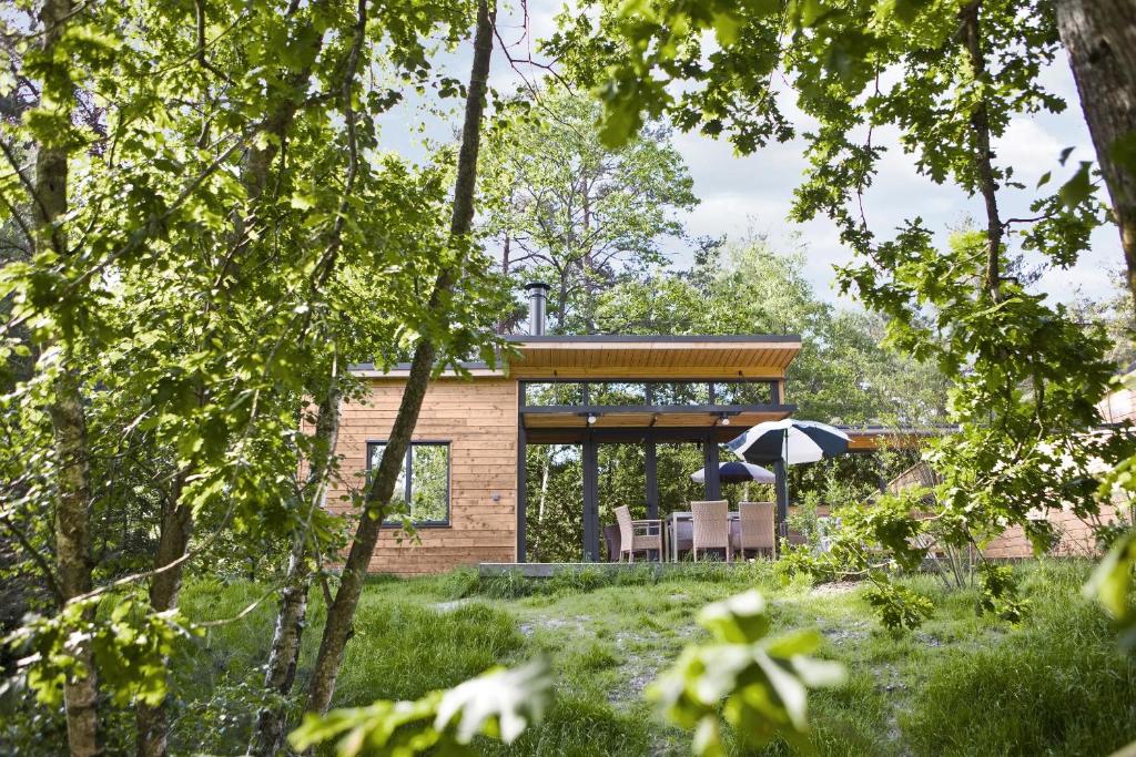 塔罗讷河畔绍蒙Center Parcs Les Hauts de Bruyères的树林中的房屋,带甲板