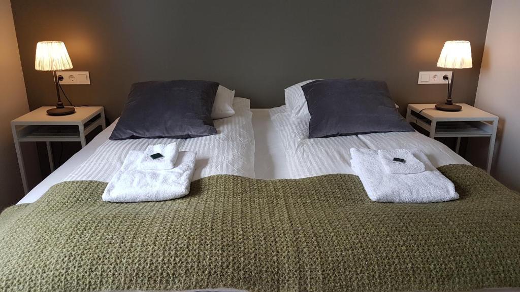 Bíldudalur海港住宿加早餐旅馆的一间卧室配有两张带毛巾的床