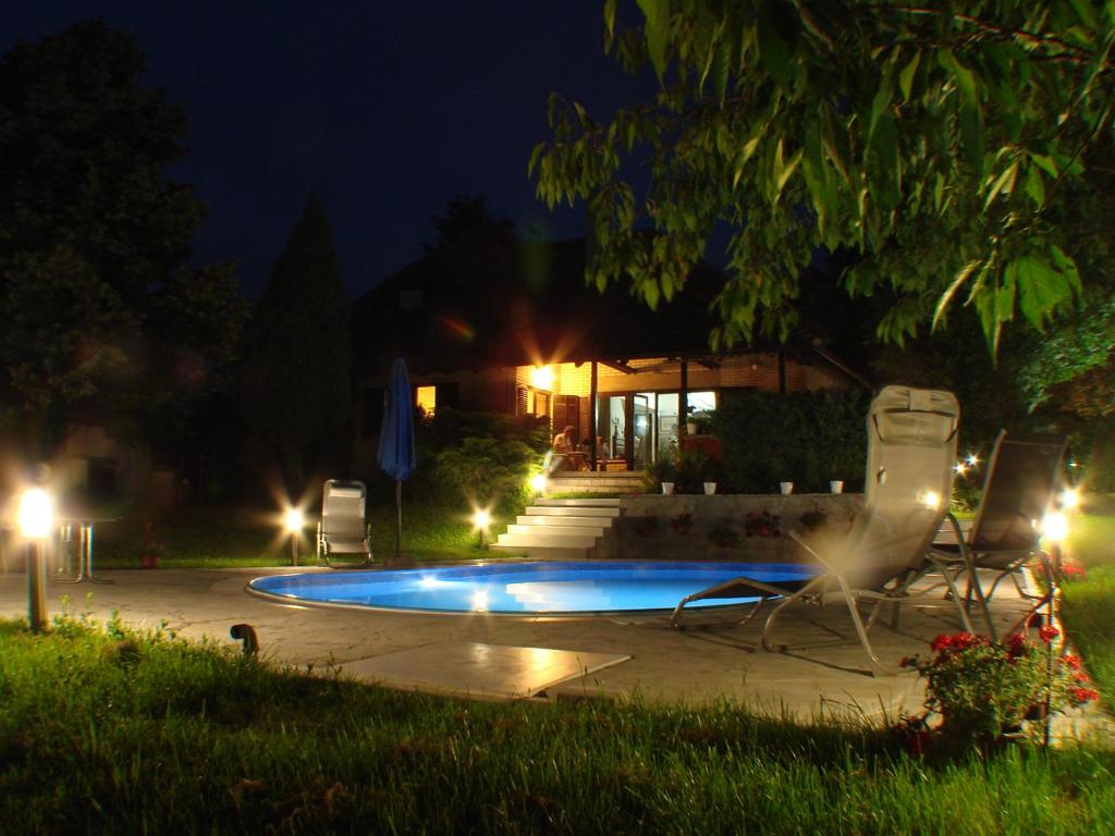 索科矿泉村Apartments M的夜间在院子里的游泳池
