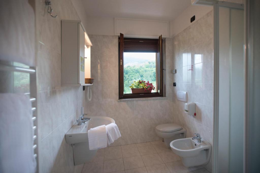 Paesana拉克莱塔酒店的一间带水槽和卫生间的浴室以及窗户。