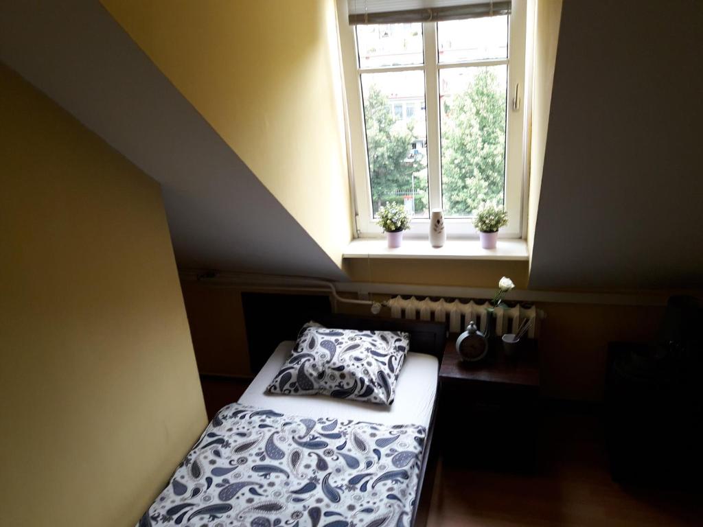 比得哥什Hostel Pałacyk的一间小卧室,配有床和窗户