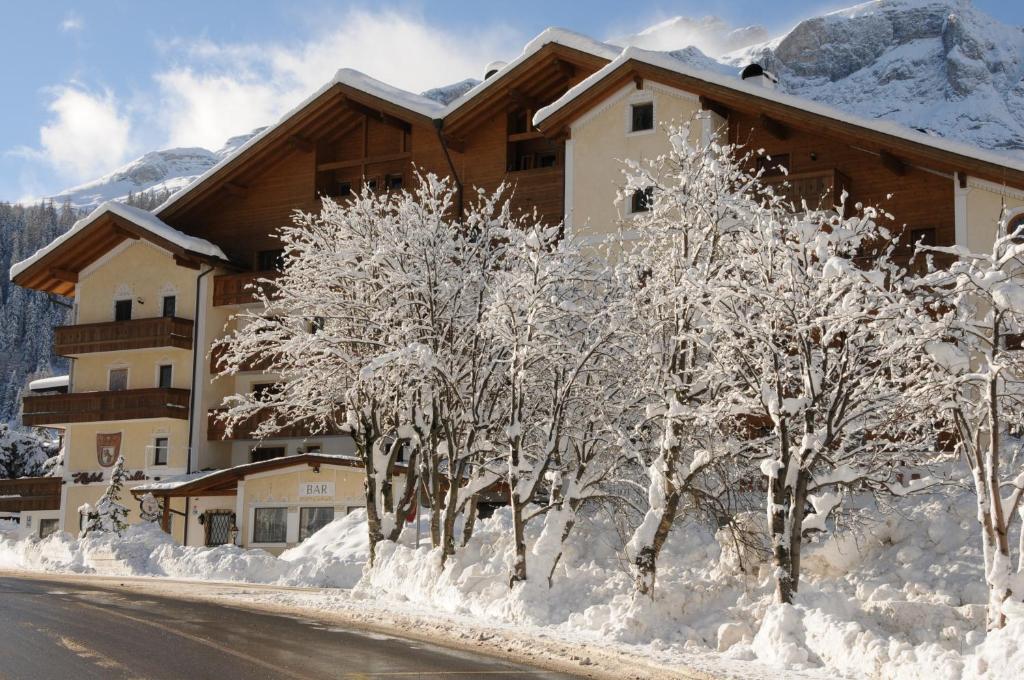 科瓦拉因巴迪亚意大利酒店 的一座有树木覆盖在雪中的道路旁的建筑