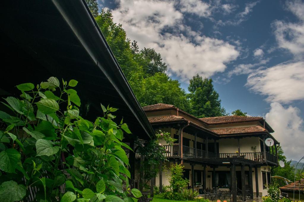 阿普里尔齐Guest House Verbena的带阳台和树木的大型房屋