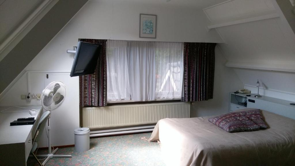 Fluitenberg德斯帕班克霍夫酒店的一间卧室设有一张床、一个窗口和风扇
