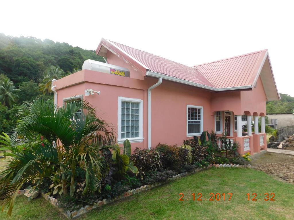 格罗斯岛BenCastle Villa的一座粉红色的房子,前面有一棵棕榈树