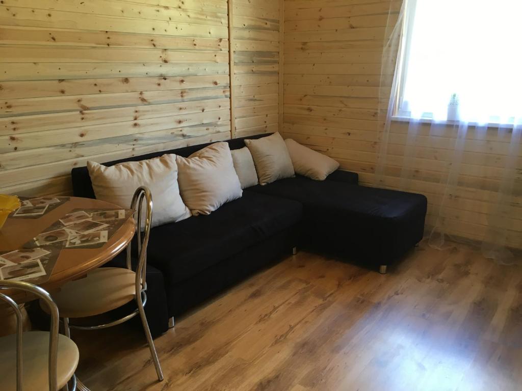 Višķi玛兹里格兹迪纳度假屋的客房内的黑色沙发,配有白色枕头