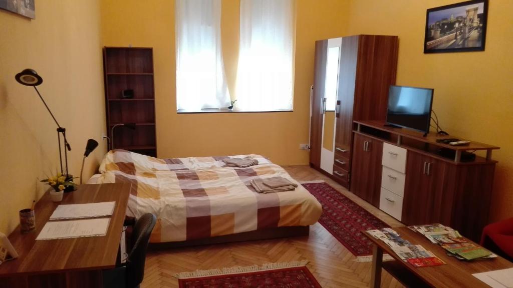 布达佩斯Cute apartment close to the center的一间卧室配有一张床、一张书桌和一台电视