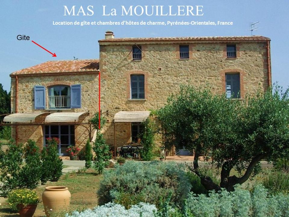 CamélasMas la Mouillere的一座大型石头房子,前面设有一个花园