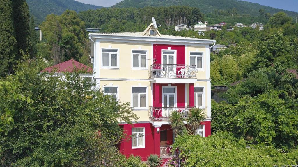 加格拉Бестужевский дворик的一座红白色的建筑,位于山丘上,树木繁茂