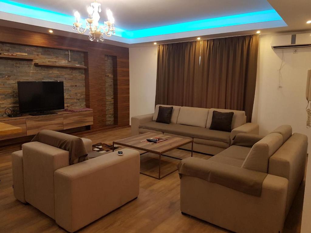 萨拉热窝Sarajevo city rent的带沙发和电视的客厅