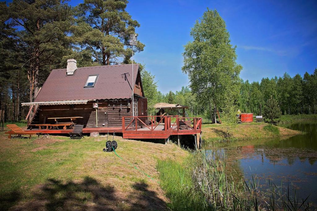 RootsikülaRehe Holiday Home的湖畔带桥的小木屋