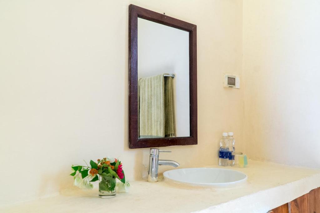 帕杰Cristal Resort的浴室水槽,配有镜子和花瓶