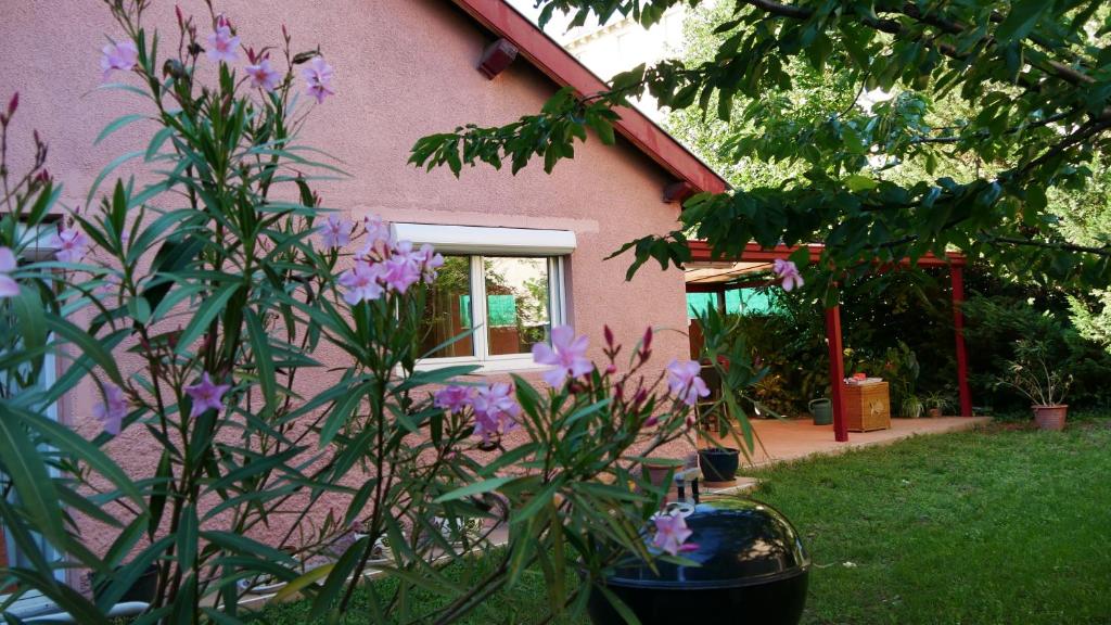 里昂塞内马丁别墅住宿加早餐旅馆的院子里的粉红色房子,鲜花盛开