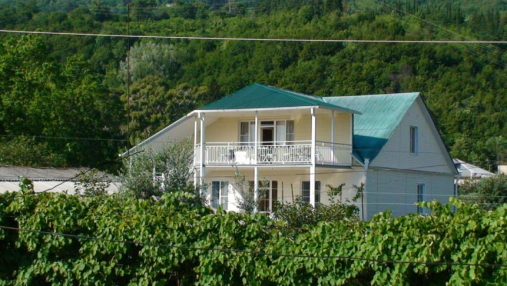 加格拉Mini-hotel "Domik v Gagre"的黄色的房屋,设有蓝色的屋顶和阳台