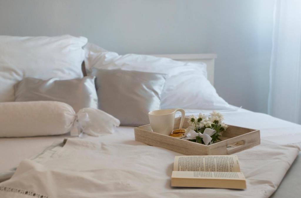 斯普利特拉纳公寓的床上的鲜花托盘,杯子和书