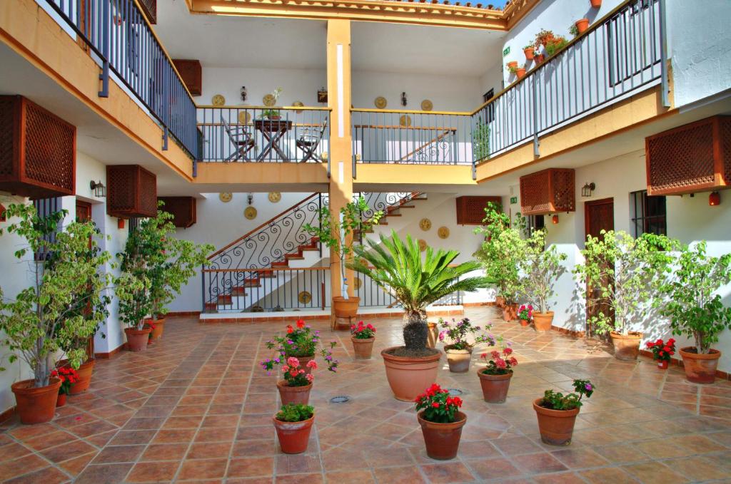 贝纳卢普-卡萨斯维耶哈斯卡萨斯维亚斯酒店的一座庭院,里面种有盆栽植物,楼梯在建筑里