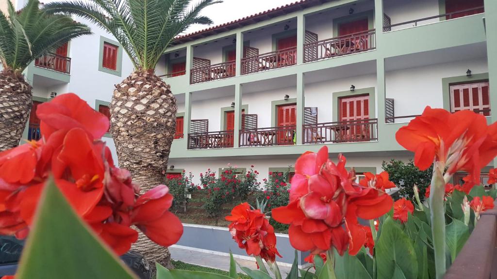莫奈姆瓦夏莫奈姆瓦夏之花酒店的拥有红色鲜花和棕榈树的酒店