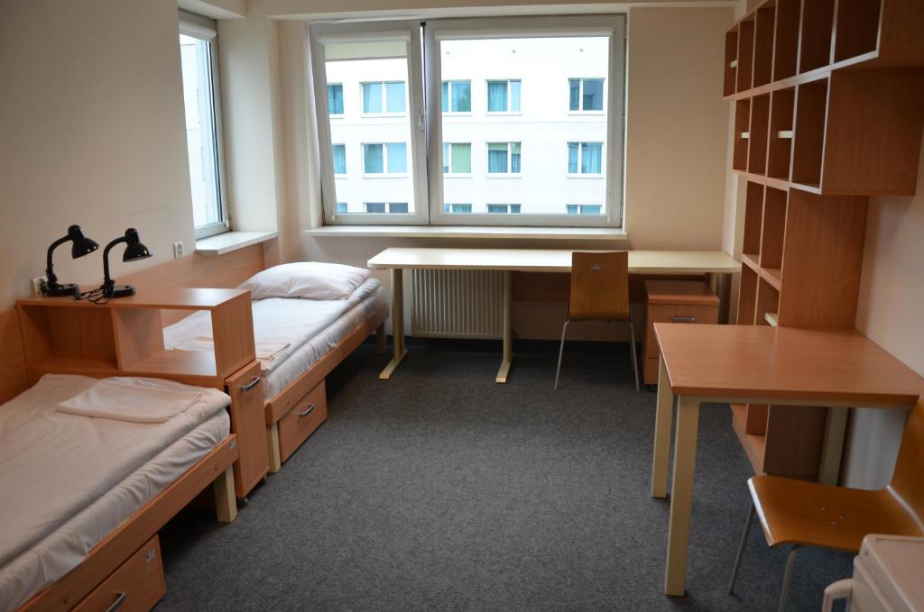 克拉科夫迪斯扎克鲁纳米酒店的客房设有床、书桌和窗户。