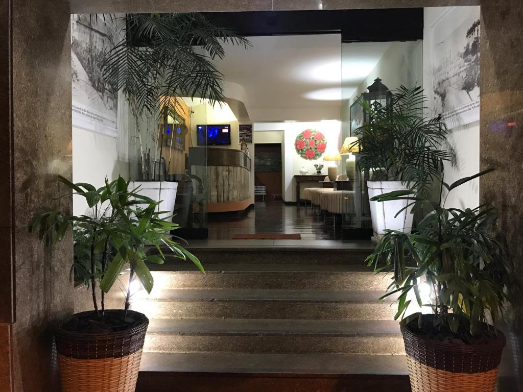 安格拉杜斯雷斯Palace Hotel的楼梯上带两盆植物的走廊