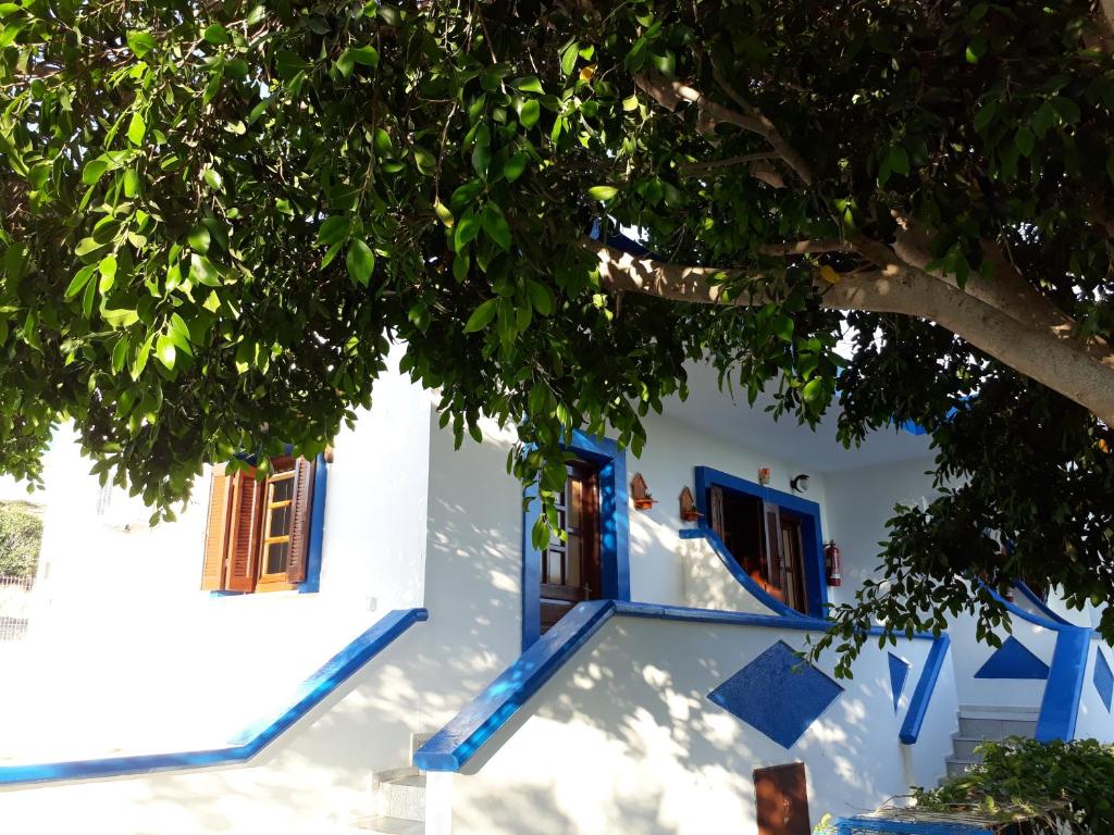 利普西岛Paradise Studios的白色的建筑,有蓝色的门和树