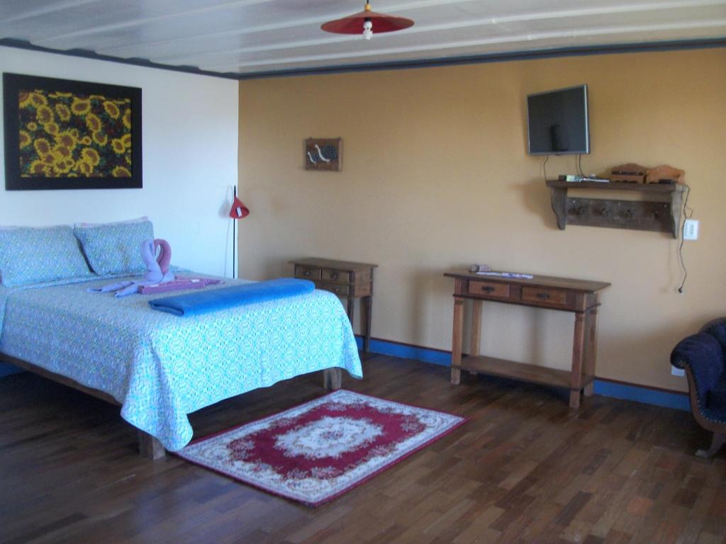 拉夫拉斯诺瓦斯Chales das Andorinhas的一间卧室配有一张床、一张桌子和一台电视。
