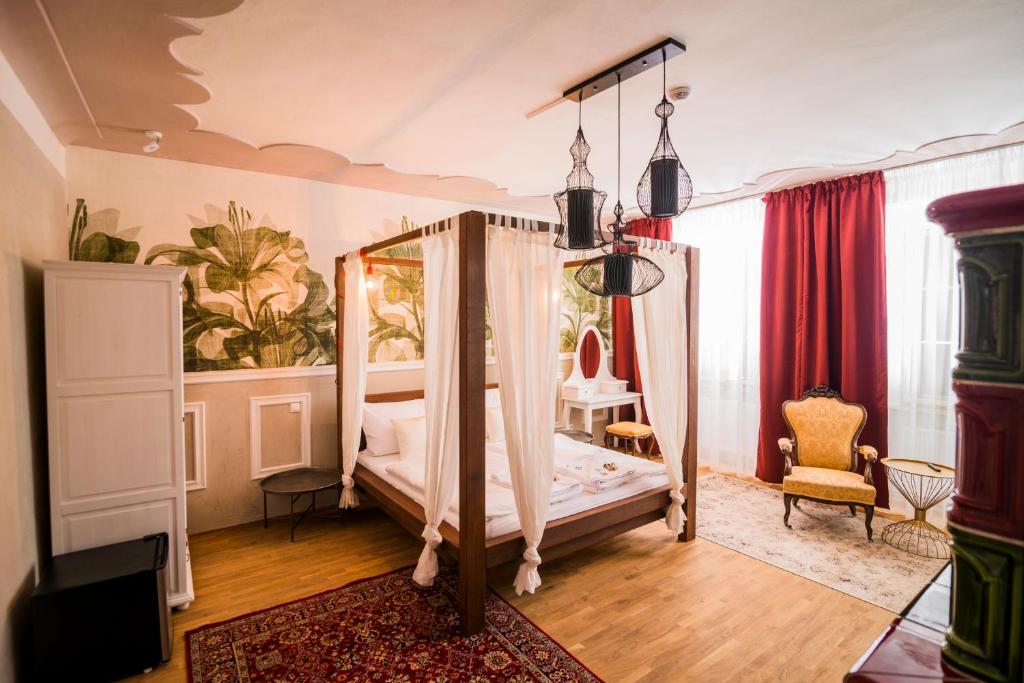 捷克克鲁姆洛夫克鲁姆洛夫斯卡博达卡酒店的一间卧室配有一张天蓬床和一把椅子