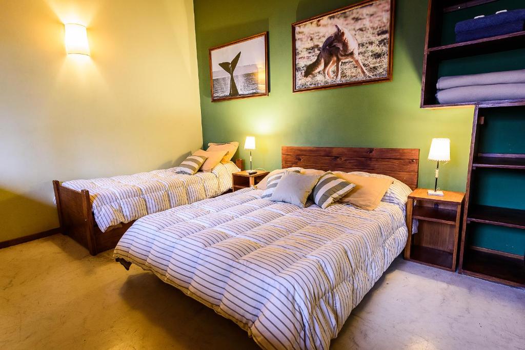 玛德琳港托斯卡旅舍的卧室设有两张床铺和绿色的墙壁