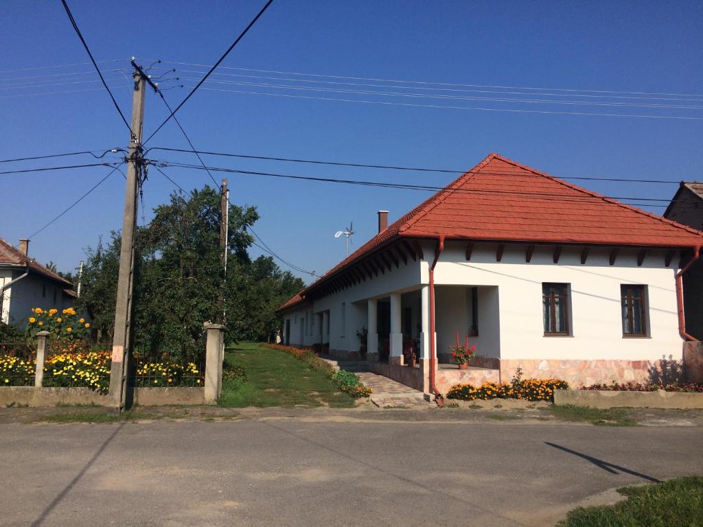 TornyosnémetiBajusz Vendégház的街上有红色屋顶的白色房子