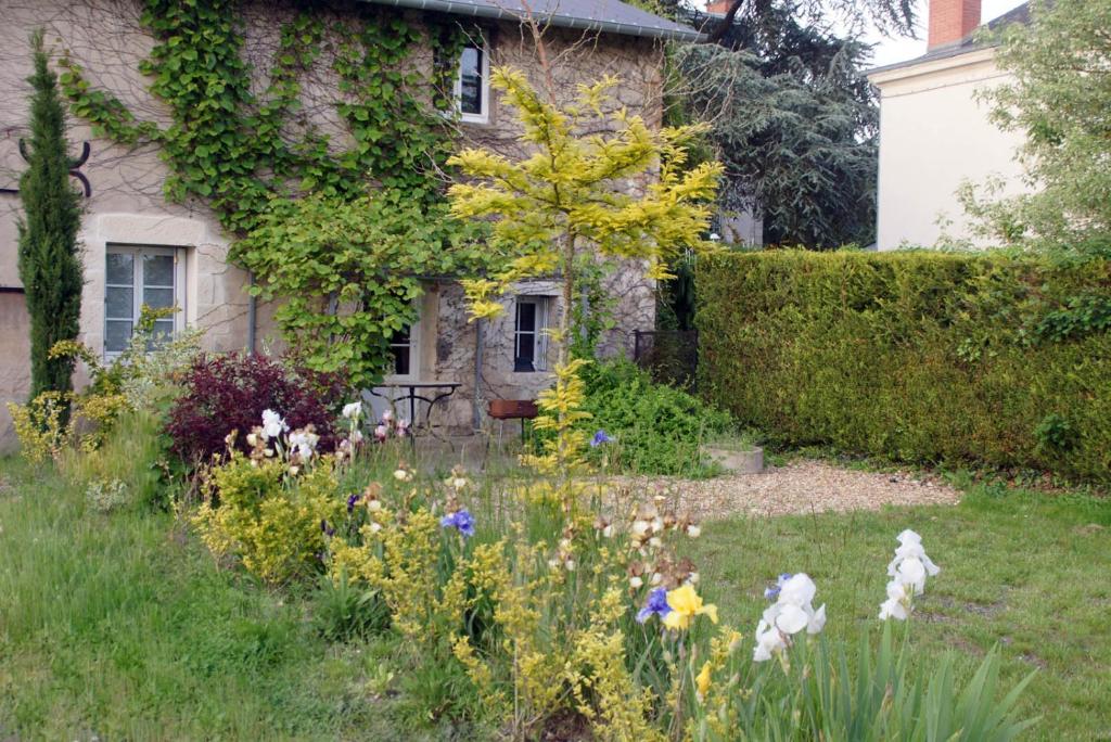 布里阿尔Gites de la Thiau的鲜花屋前的花园
