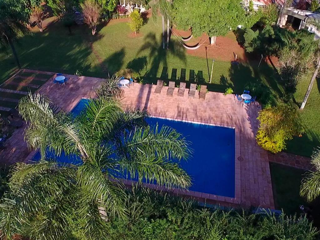 圣伊格纳西奥Sihostel的享有棕榈树游泳池的顶部景致