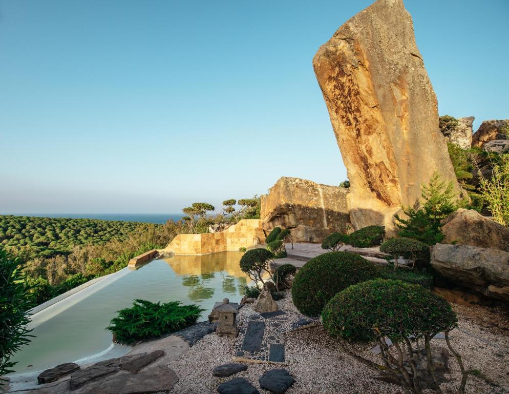 博罗尼亚芬卡埃卡纽洛度假屋的一大块岩石旁边的一个水池