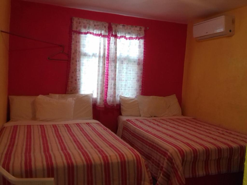 希利特拉Hotel Economico的宿舍间的两张床,设有红色的墙壁和窗户。