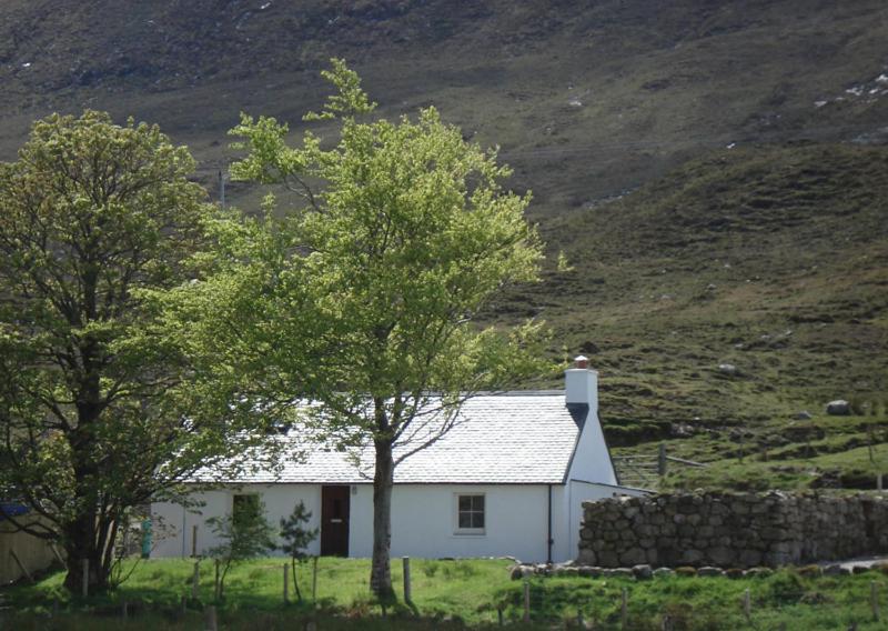 LuibGlas Bheinn Cottage的白色的房子,有树和石墙
