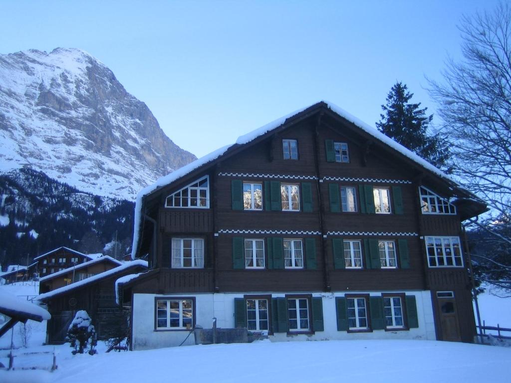 格林德尔瓦尔德巴格布里克木屋酒店的一座大木屋,位于雪中,与山 ⁇ 相连