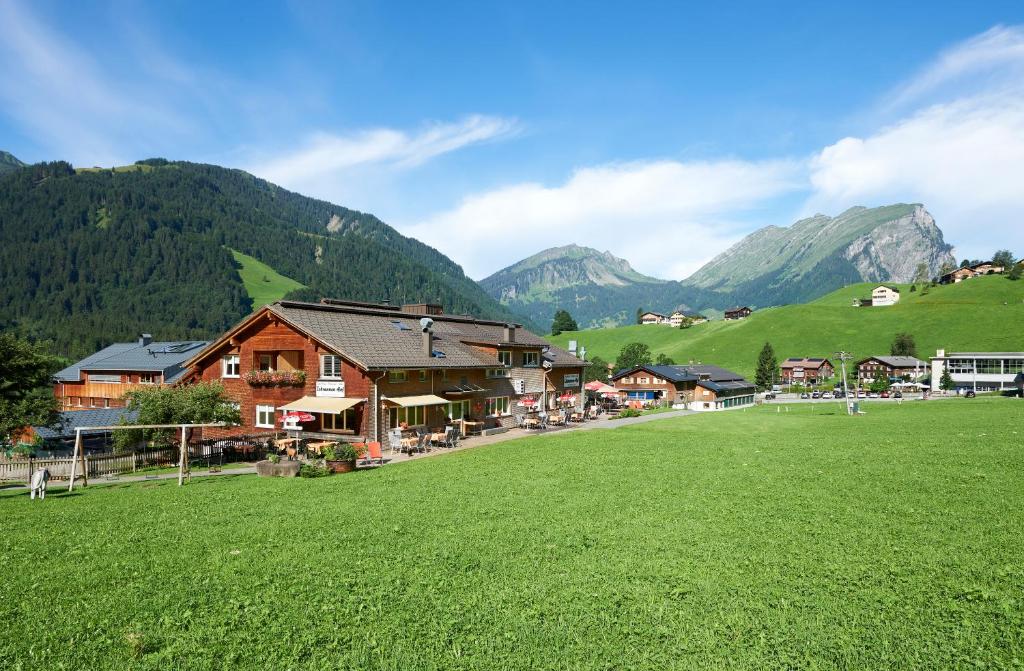 施科佩尔瑙Schrannenhof的一座以绿色田野和山脉为背景的村庄