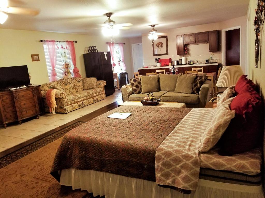 奥克赫斯特迷人楼下公寓的客厅配有床和沙发