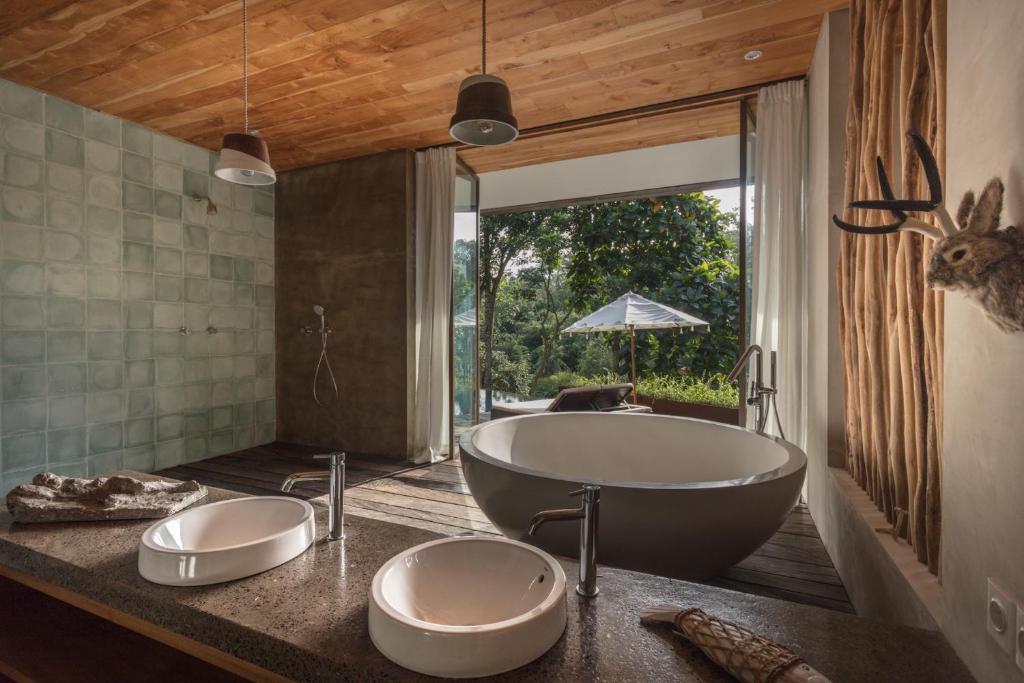 塔巴南Chameleon Villa Bali的一间带大浴缸的柜台浴室