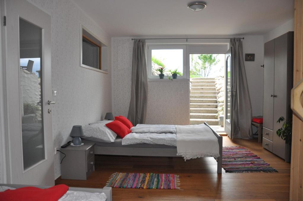 Spodnji OtokApartma Romana的一间卧室配有一张带红色枕头的床