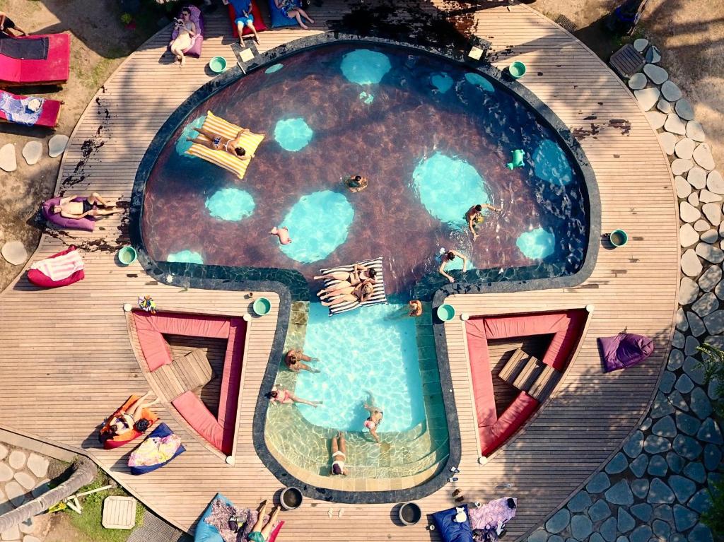 吉利阿尔贝加当旅舍的游泳池的顶部景色,里面的人