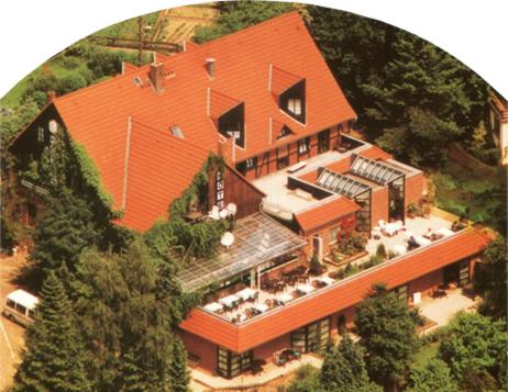 艾珍兰德鲁夫特酒店餐厅的享有带橙色屋顶的大房子的空中景致