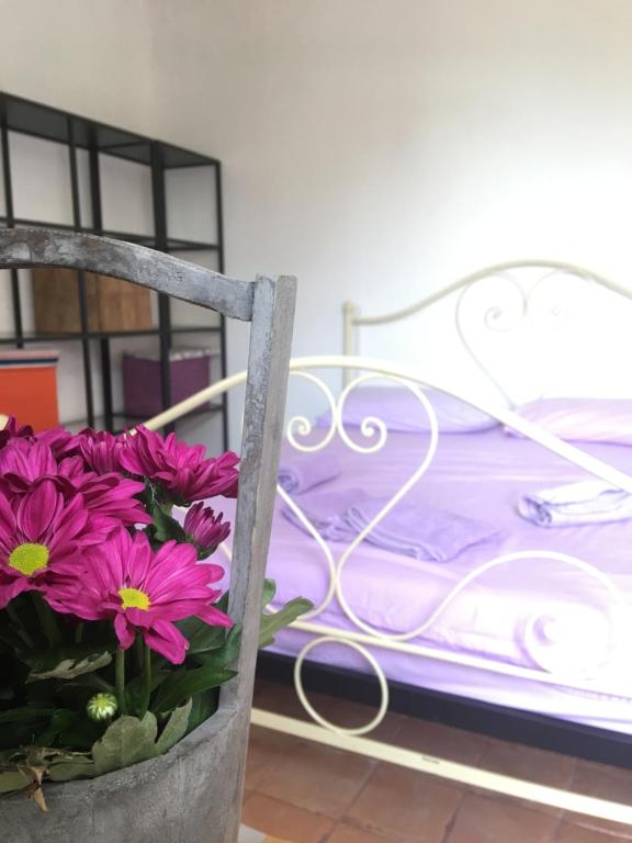 彼得拉桑塔Pietrasanta的一张椅子,在床边摆放着紫色花朵