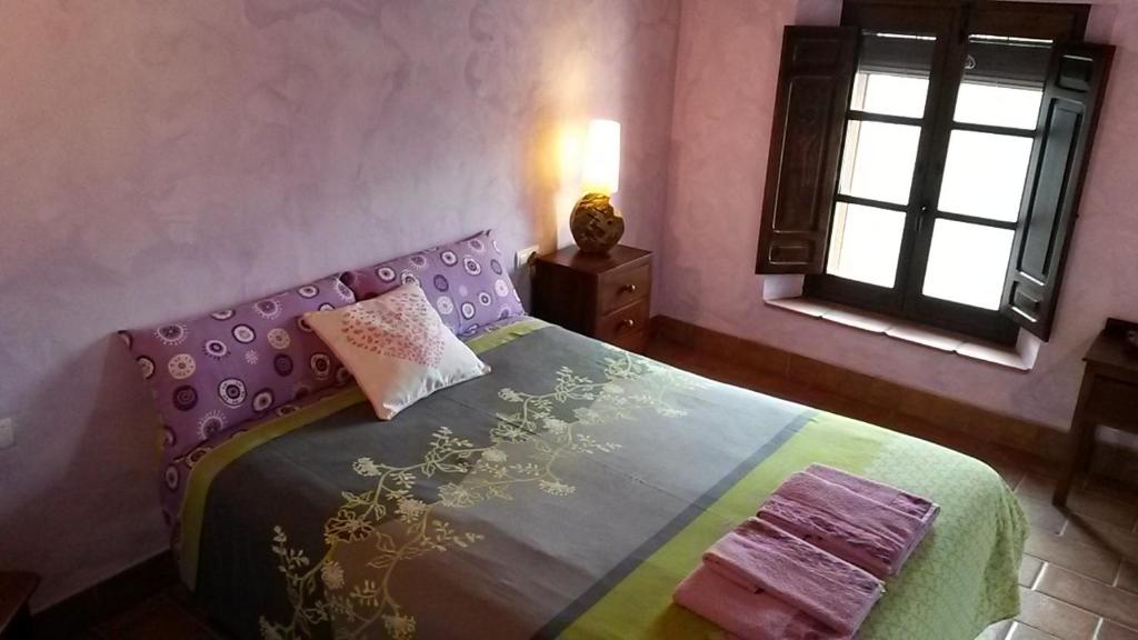 La NavaCasa Rural del Rio的一间卧室配有一张带彩色毯子和窗户的床。