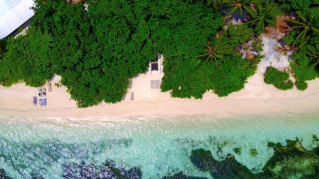 拉斯杜拉斯杜岛海滨旅馆的享有树木繁茂的海滩和大海的上方景色