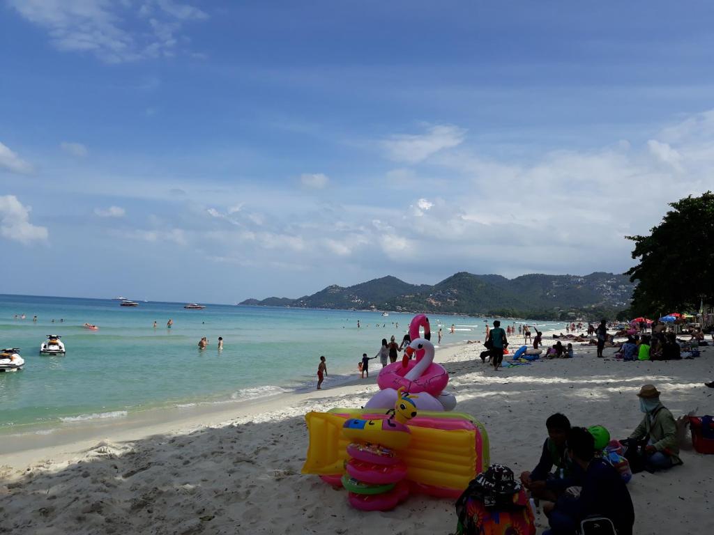 查汶苏梅岛绿色酒店的一群人坐在海滩上