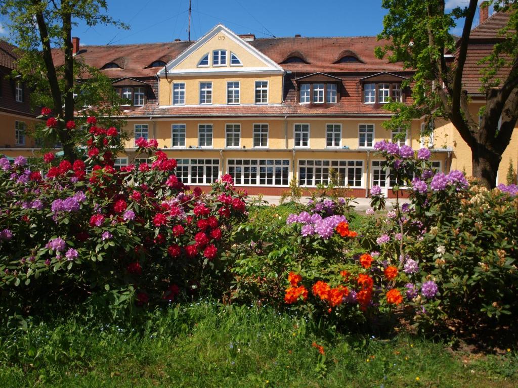 扎雷Hotel i Restauracja Chopin的一座建筑前的鲜花花园