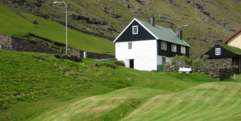LeynarIdyllic house near river and ocean的绿色山丘上的黑白房子