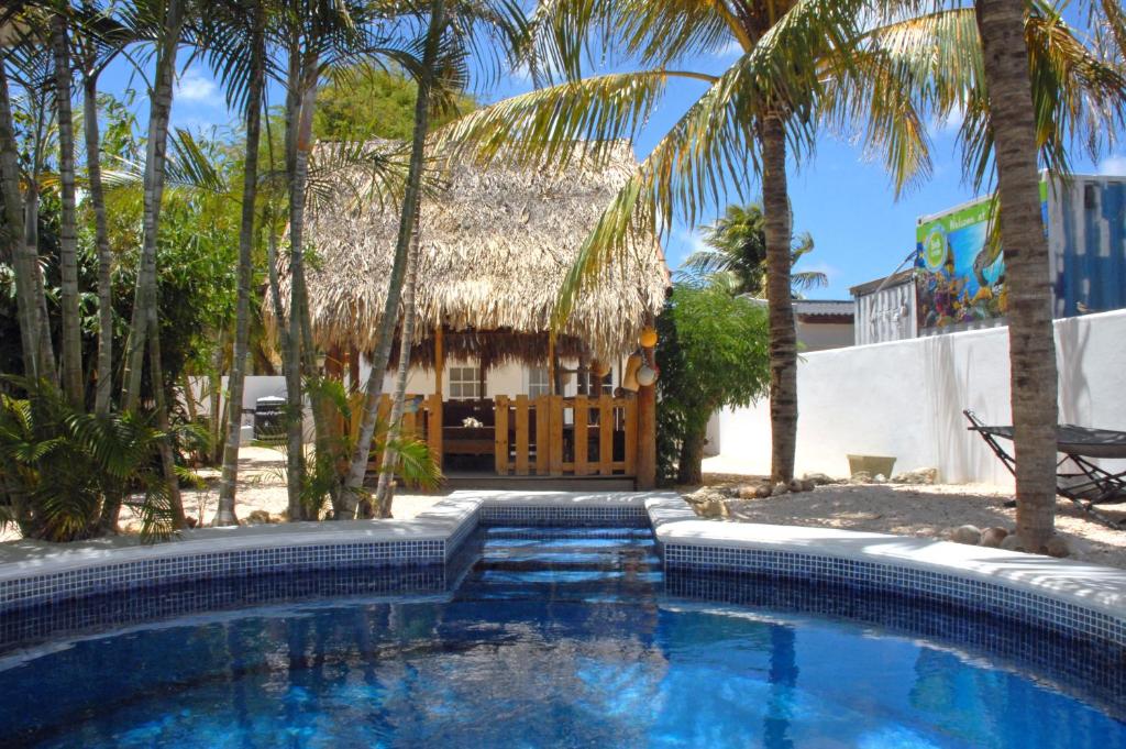 克拉伦代克BnBBonaire near the ocean的棕榈树屋前的游泳池