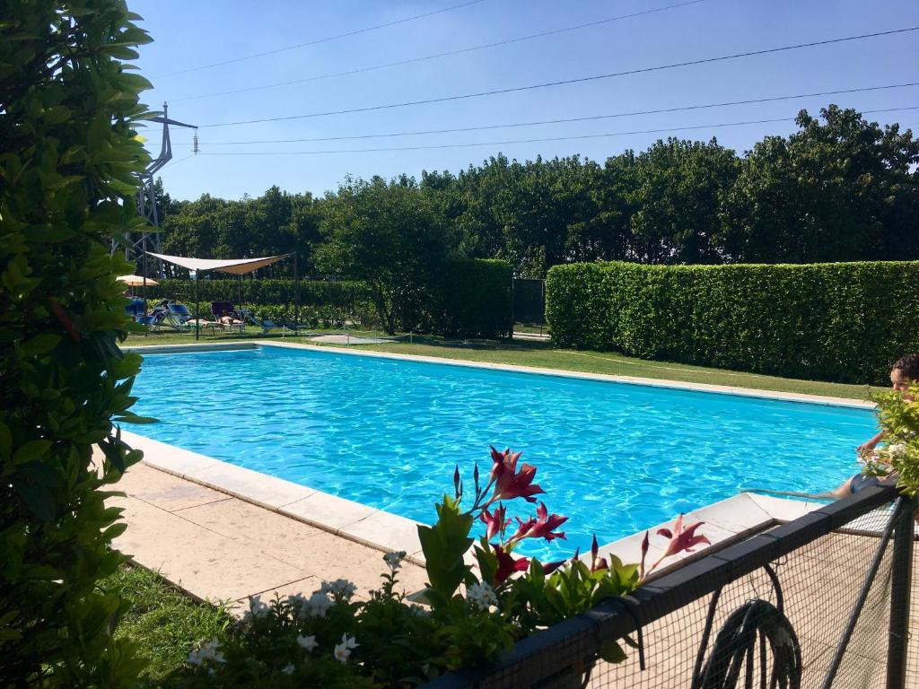 圣马尔蒂诺博纳尔贝尔戈科尔特佩莱格里尼农家乐的一个带围栏的院子内的游泳池