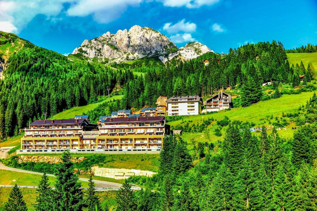索内纳尔佩·纳斯费尔德Apartments Bergblick的山丘上以山为背景的酒店